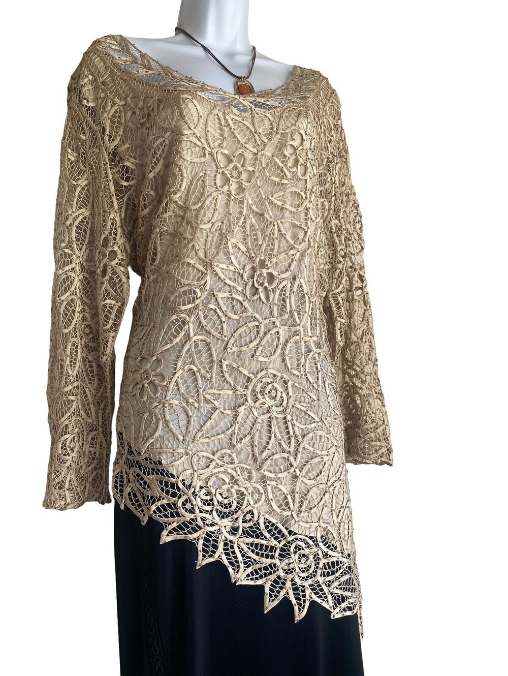 100% Silk VTG Soulmates XL Lace Tunic Blouse Handcrafted Elegant Boho Festival - Picture 4 of 8